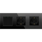 Load image into Gallery viewer, Three gang mechanical switch with two sockets (black, glass)