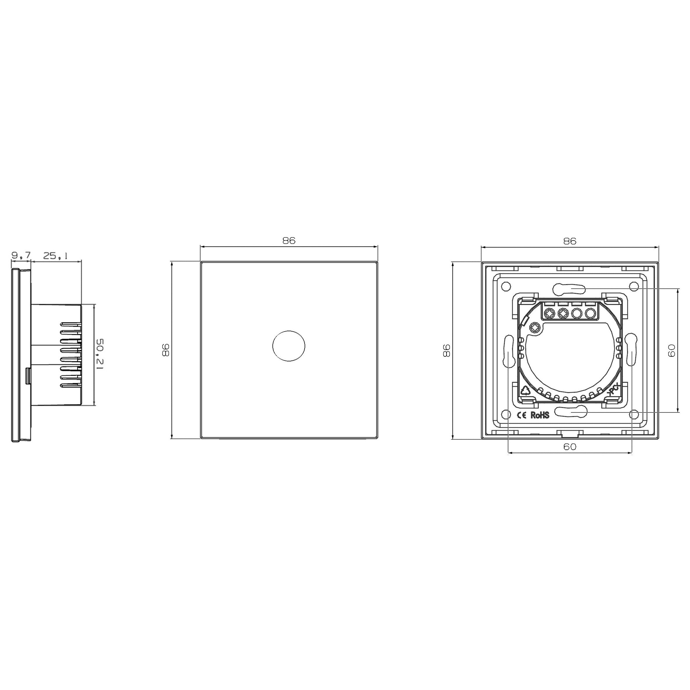 Interruptor táctil unidireccional de tres unidades (blanco, vidrio)