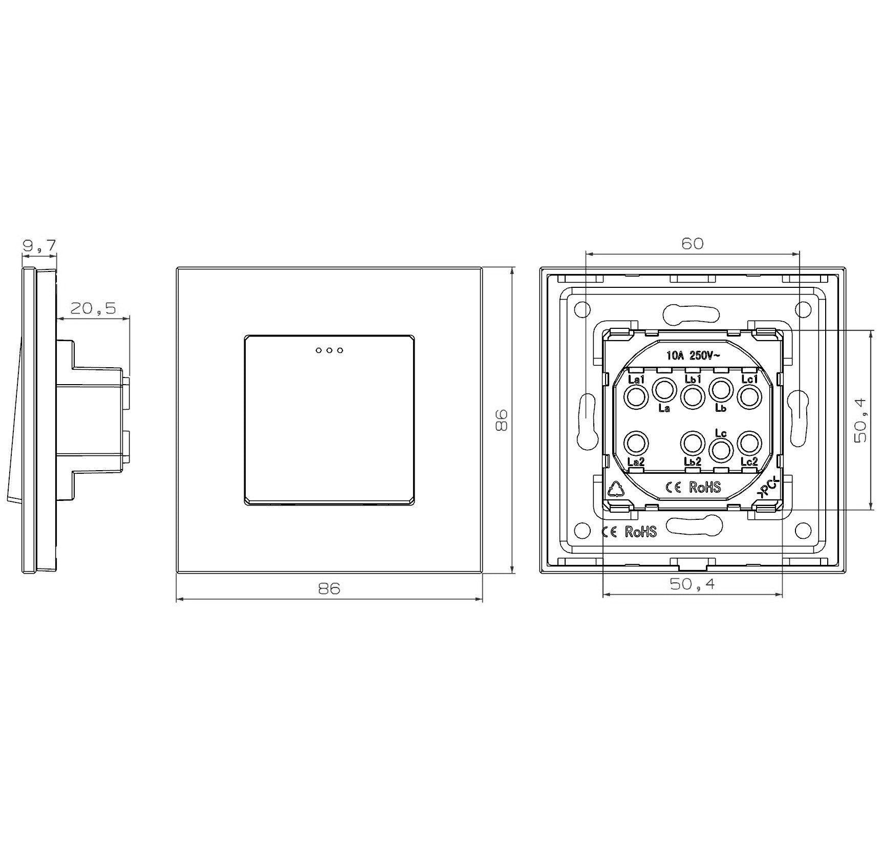 Interruptor mecánico de dos cuadros (negro, vidrio)