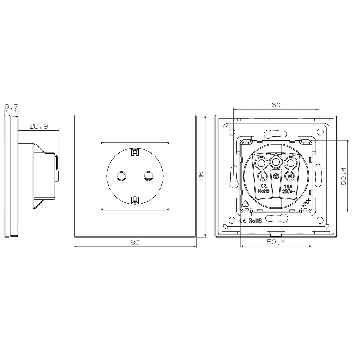 1 frame socket, glass, white (EU) – Springswitches