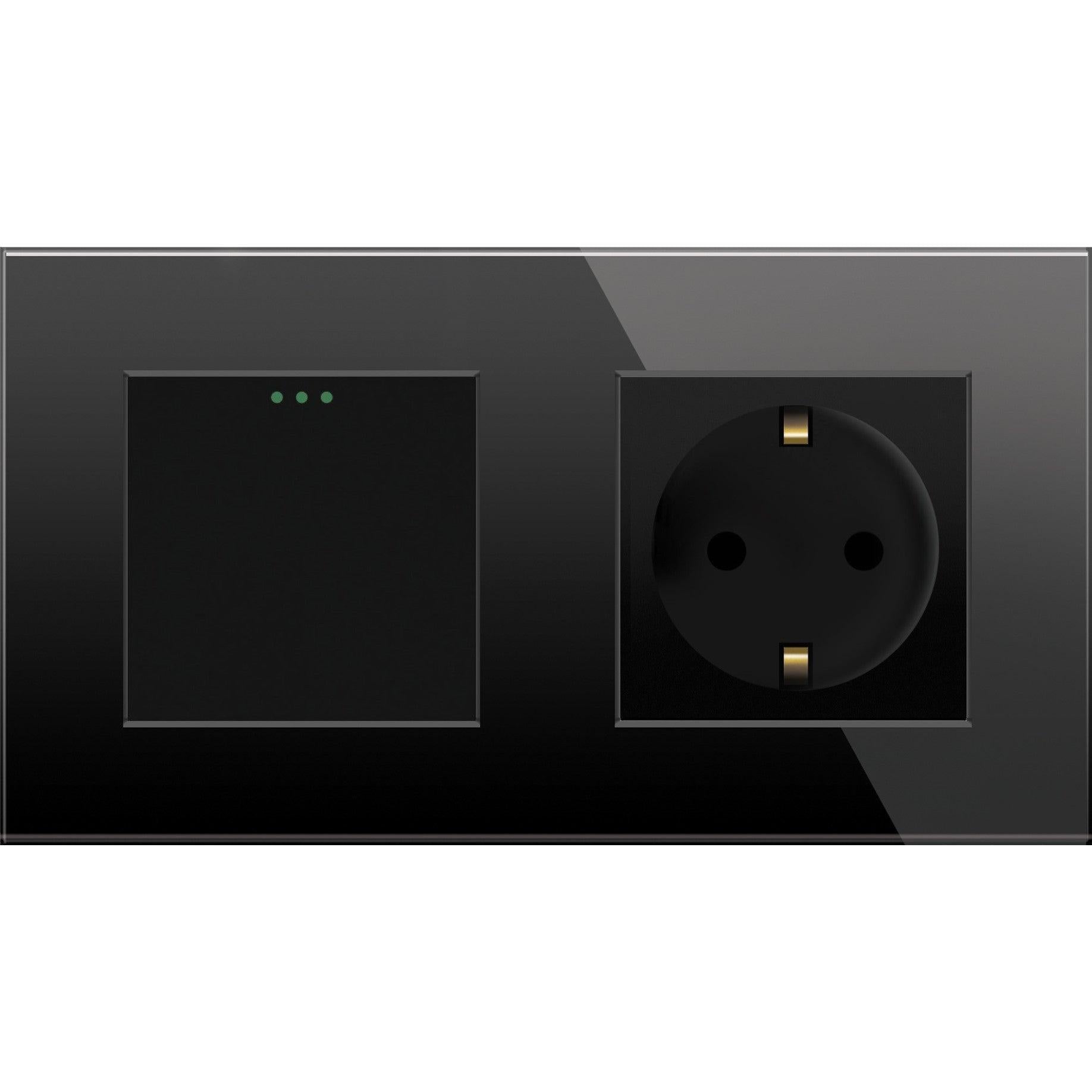 One gang mechanical switch with one socket (black, glass) - Springswitches
