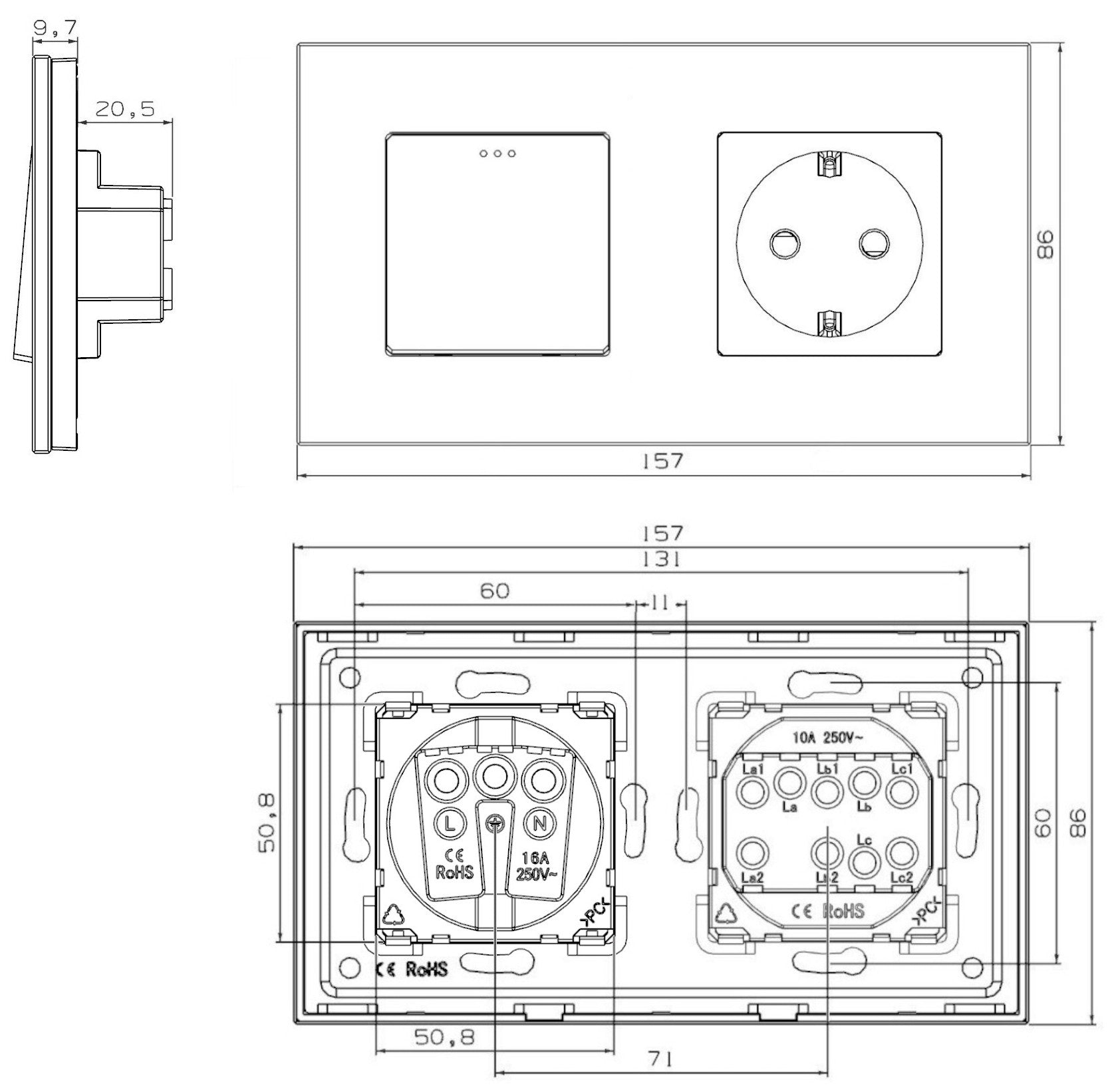 Interruptor mecánico de tres cuadros con un enchufe (blanco, vidrio)