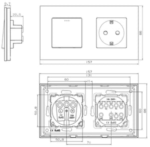 Interruptor mecánico de dos cuadros con un enchufe (blanco, vidrio)