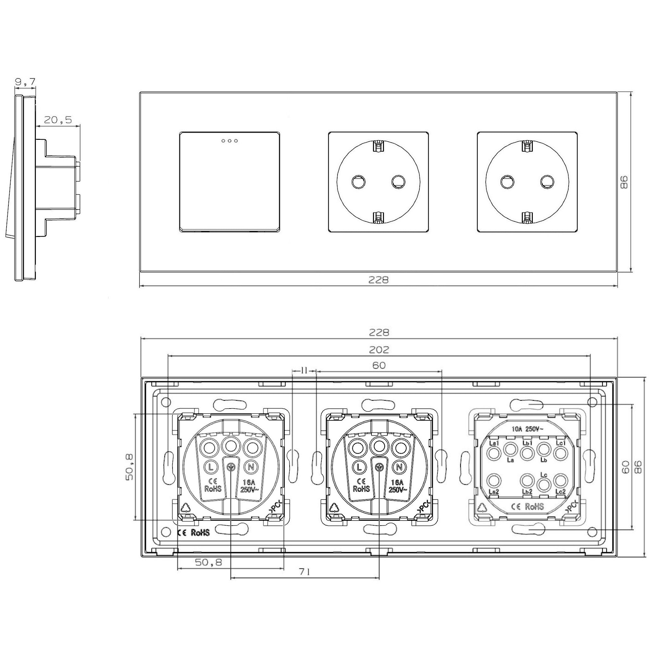 Interruptor mecánico de tres cuadros con dos enchufes (blanco, plástico)