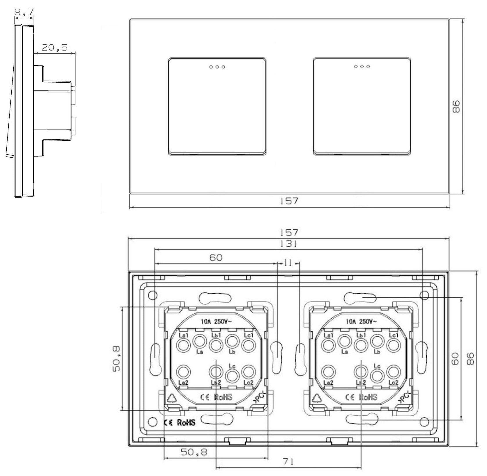 Interruptor mecánico de dos grupos, dos cuadros (blanco, vidrio)