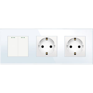 Two gang mechanical switch with two sockets (white, glass)