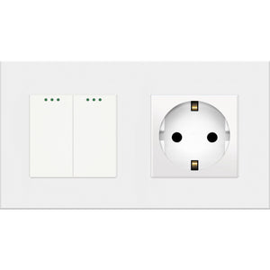 Two gang mechanical switch with one socket (white, plastic)