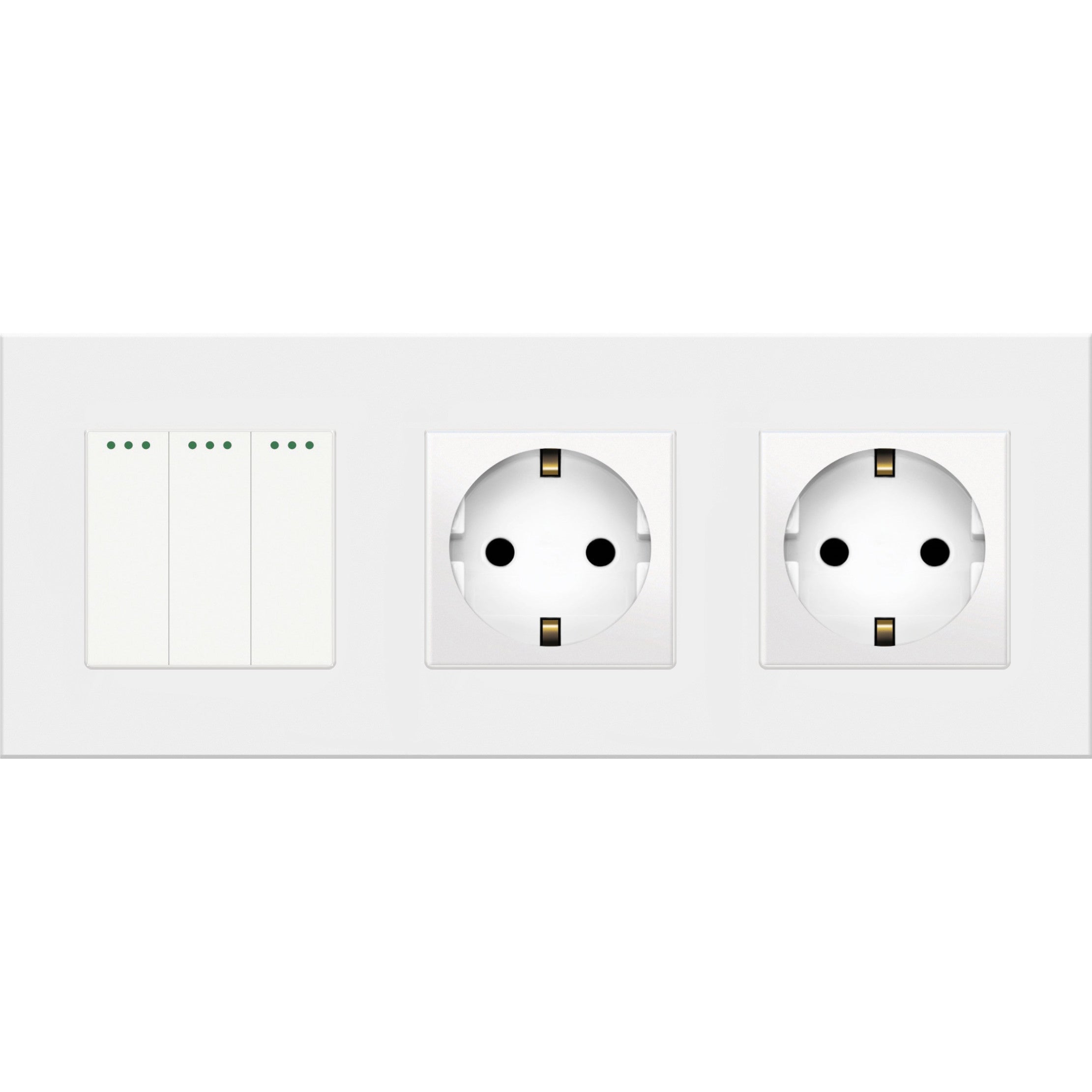 Three gang mechanical switch with two socket (white, plastic)
