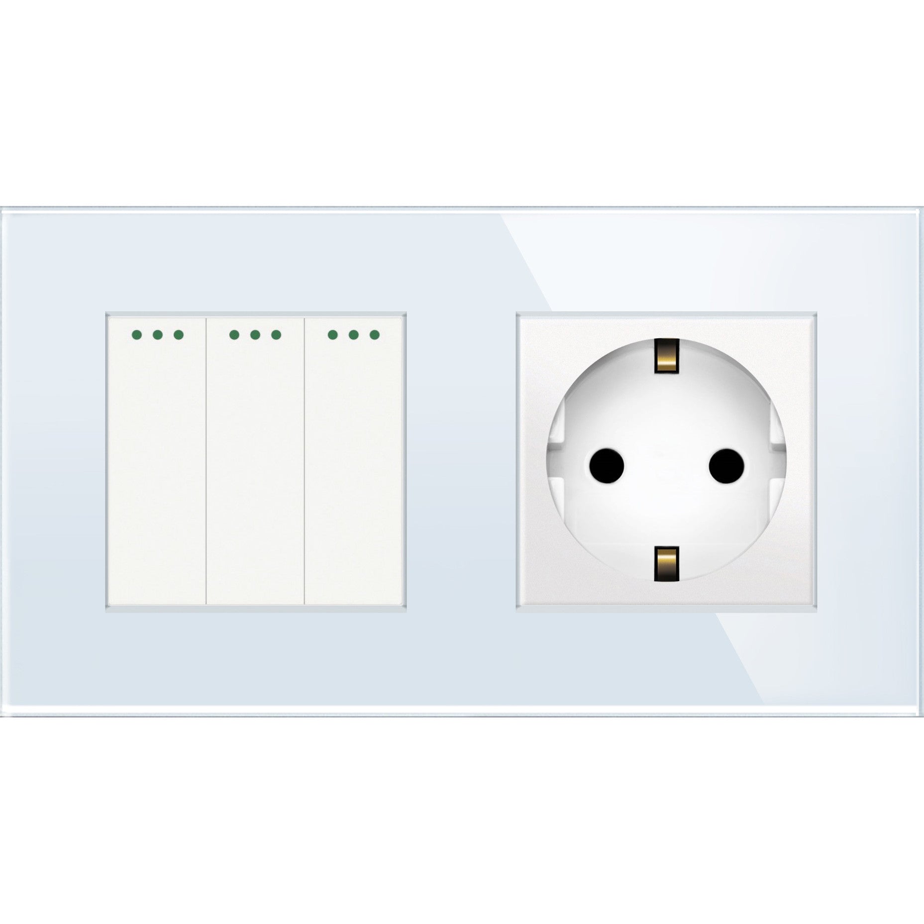 Three gang mechanical switch with one socket (white, glass)