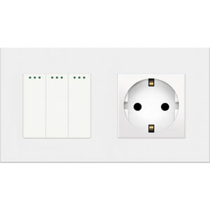 Three gang mechanical switch with one socket (white, plastic)