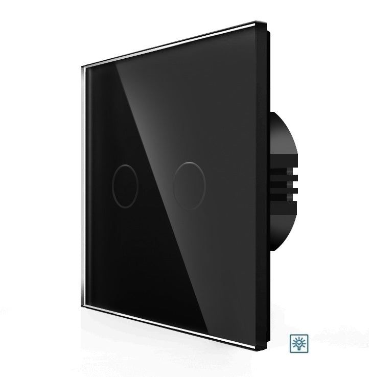Two gang, one way dimmer touch switch (black, glass)